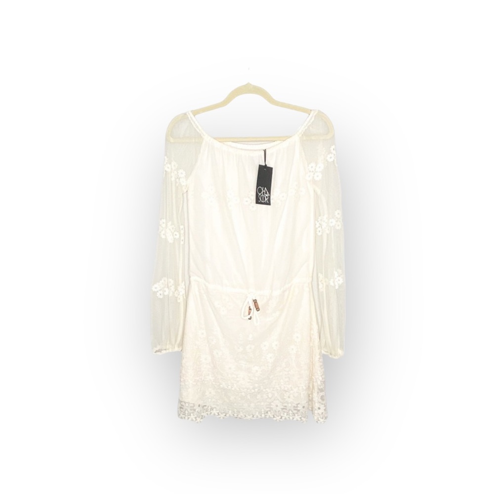 new Chaser ✶ Vintage Inspired Mesh + Lace Off Shouder Mini Dress ✶ Alabaster ✶ - Picture 5 of 16
